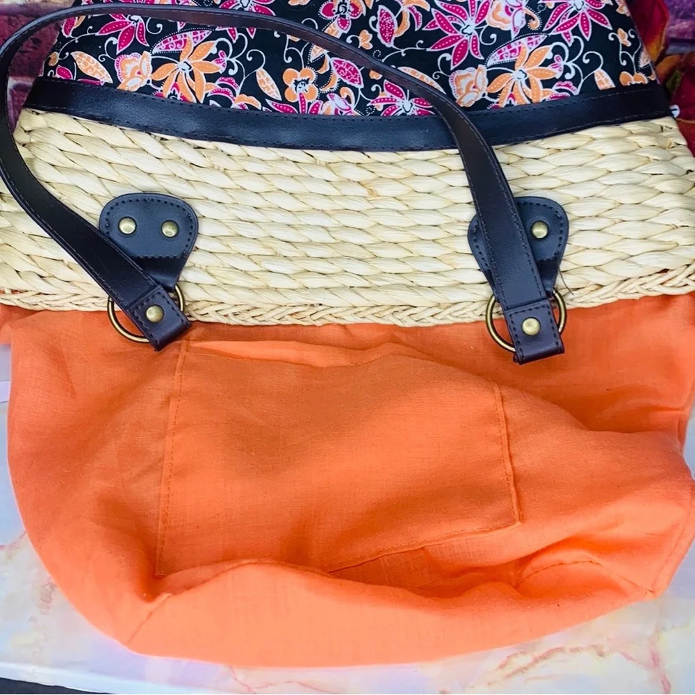 Woven Rattan and Canvas Beaded Floral Market Tote